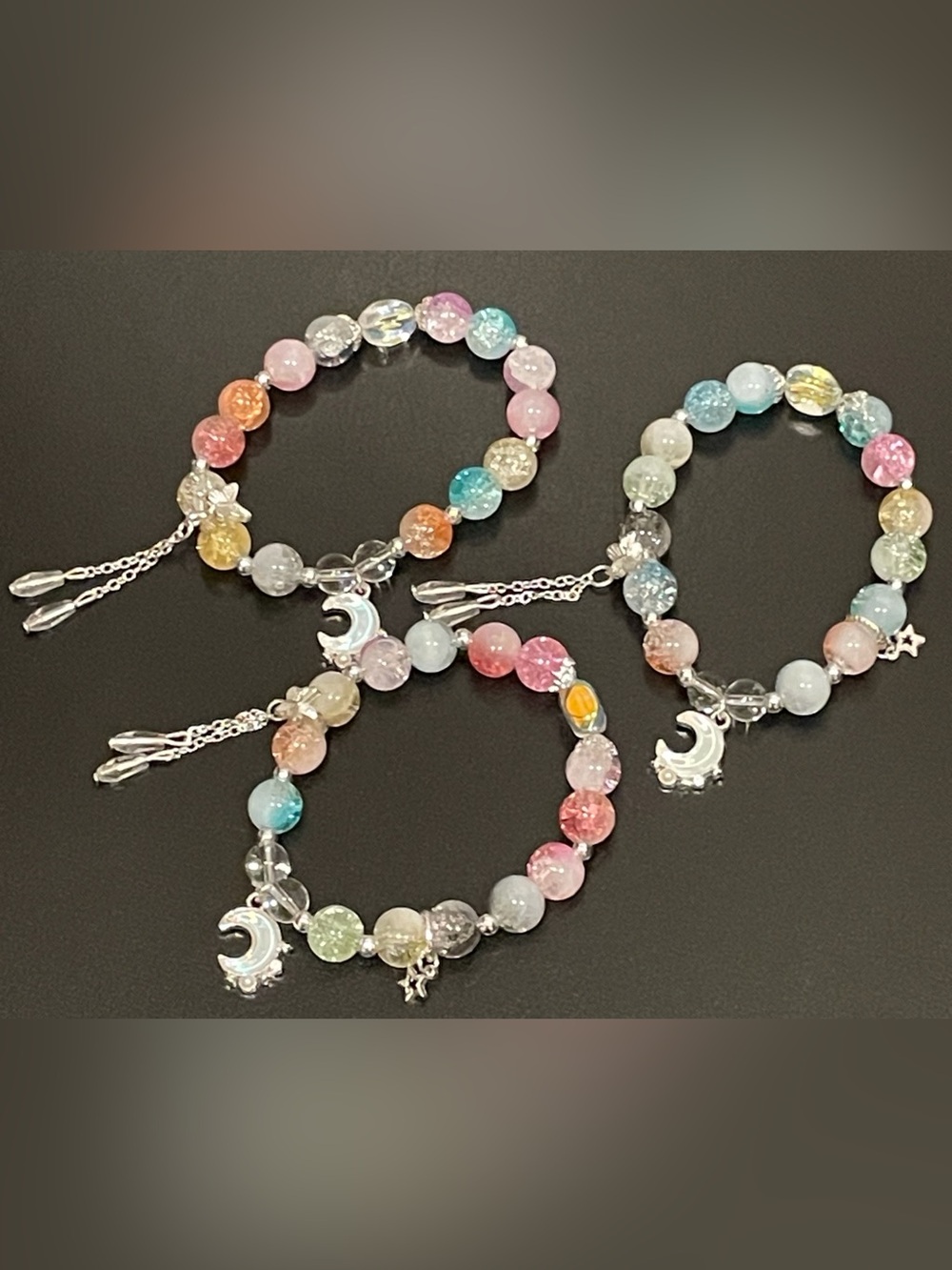 Stack of 3 Multicolor Moon Charm Beaded Bracelet w/ butterfly accent